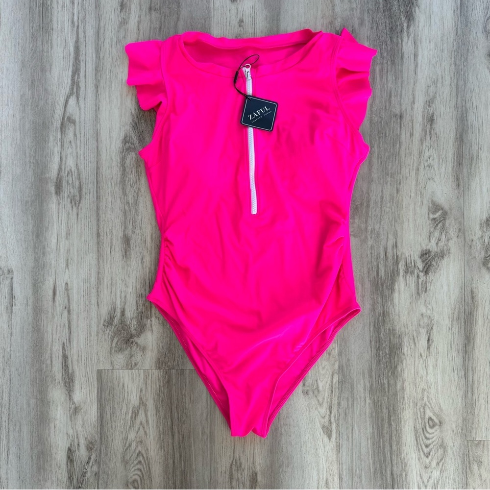 Women’s Neon Pink Swimsuit Bathing suit One-piece with Zipper Large L NEW